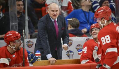 Detroit Red Wings head coach Derek Lalonde follows the action during the NHL Global Series game against the Toronto Maple Leafs in Stockholm on Nov. 17, 2023.