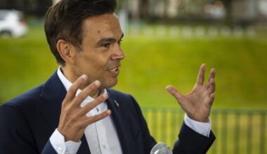 Quebec Liberal Leader Charles Milliard gestures as he speaks into a microphone in front of a grassy area