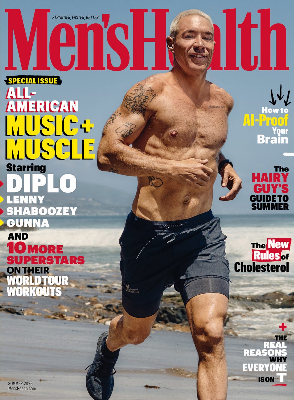 A shirtless man running along the beach, featured on the cover of Men's Health magazine.