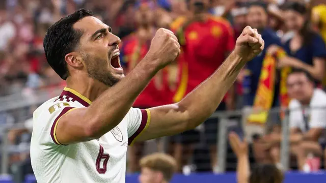 Mikel Merino of Spain celebrates after scoring their side's first goal during the FIFA World Cup 2026 Round Of 16 match between Portugal and Spain at Dallas Stadium on July 06, 2026 in Arlington, Texas