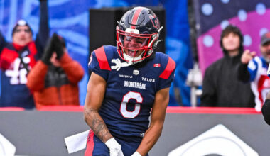 Montreal Alouettes wide receiver Tyson Philpot (6) reacts after scoring a touchdown.