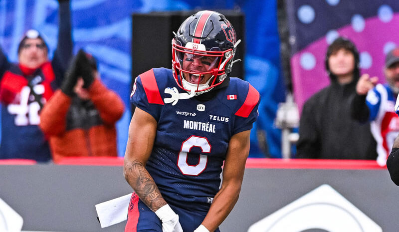 Montreal Alouettes wide receiver Tyson Philpot (6) reacts after scoring a touchdown.