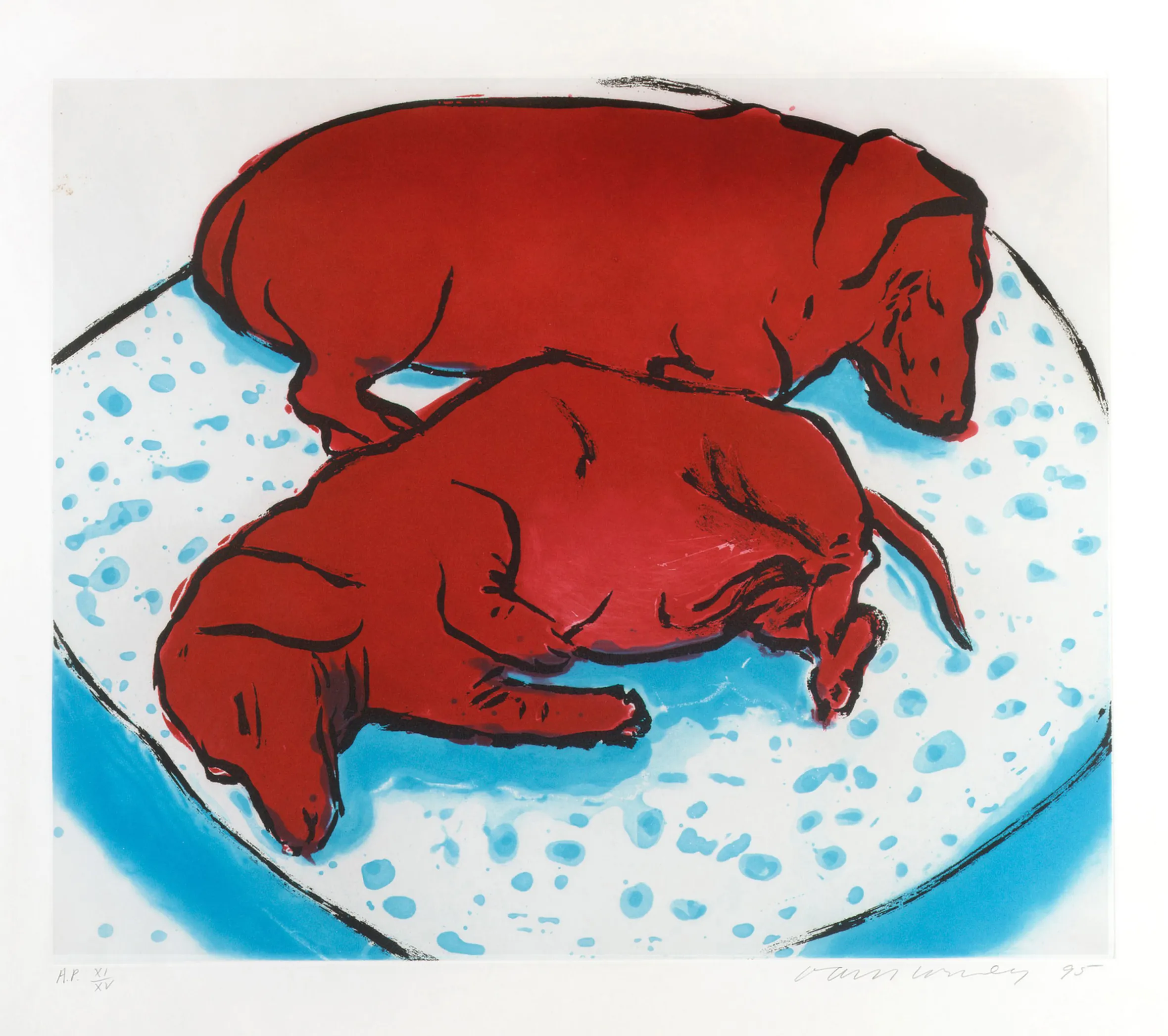 Illustration of two red dachshunds sleeping on a white and blue speckled blanket.