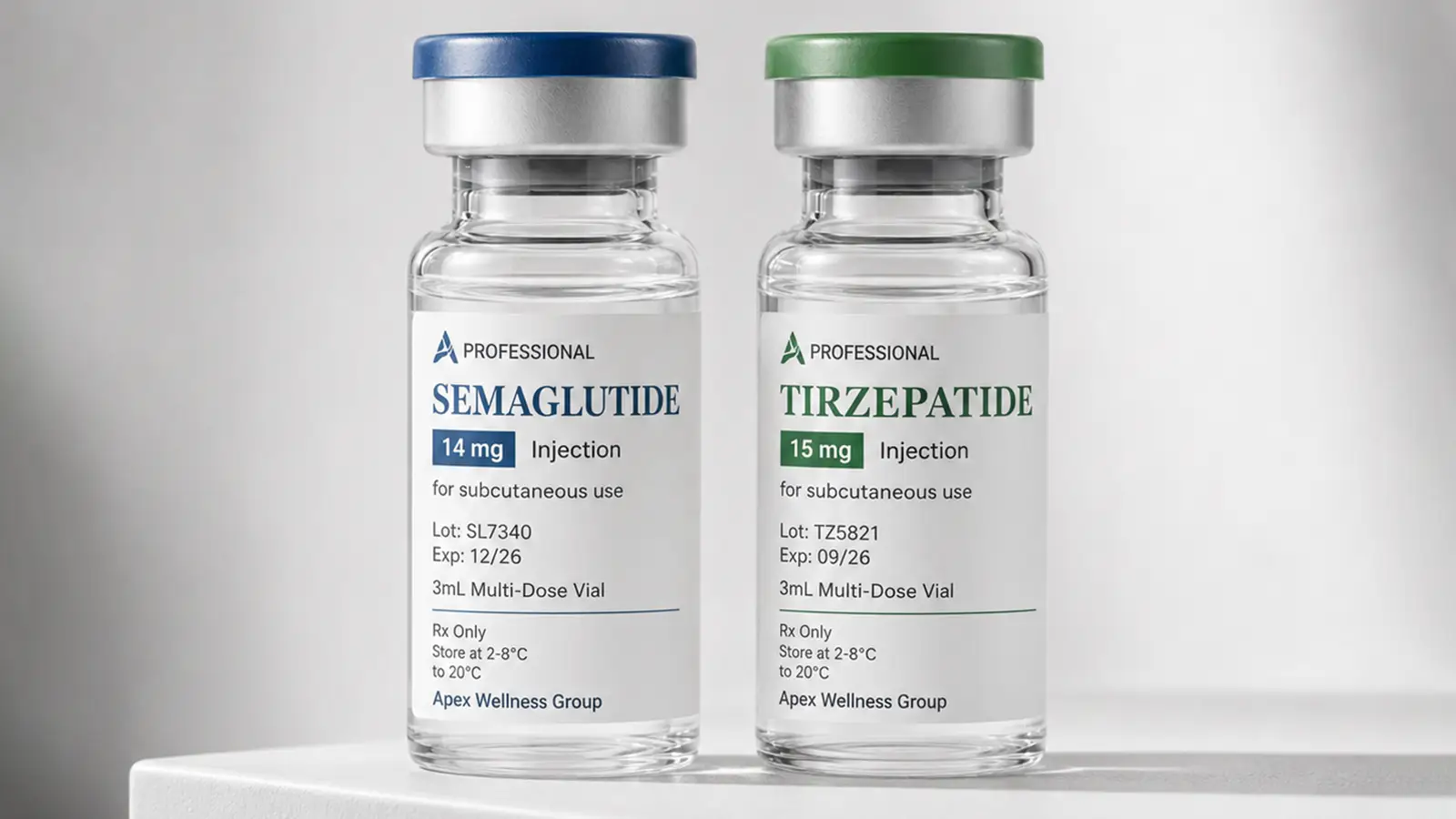 A photo of vials of compounded semaglutide and tirzepatide.