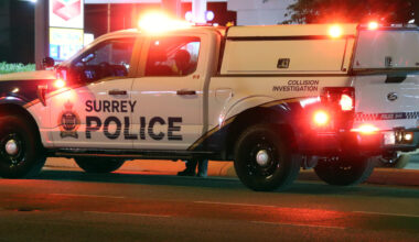 Collision in Surrey involving a bus results in life-threatening injuries for pedestrian say police