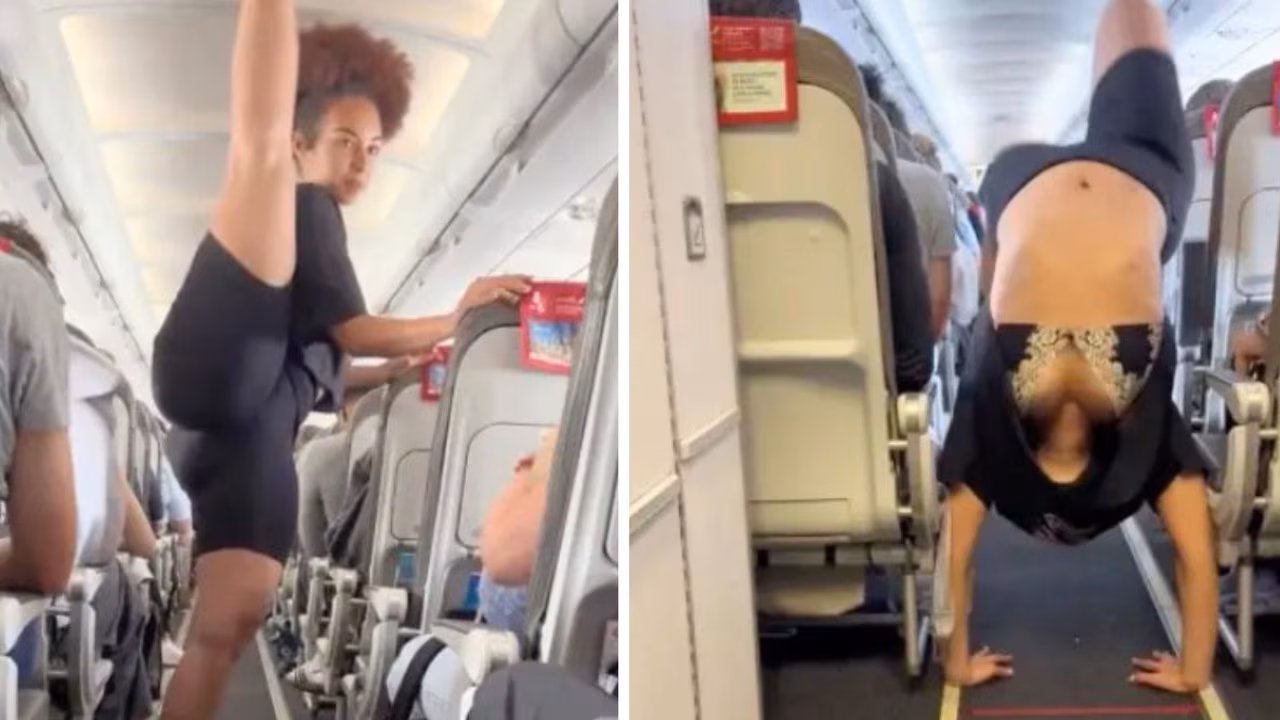 Fitness influencer does yoga in middle of plane aisle during packed flight