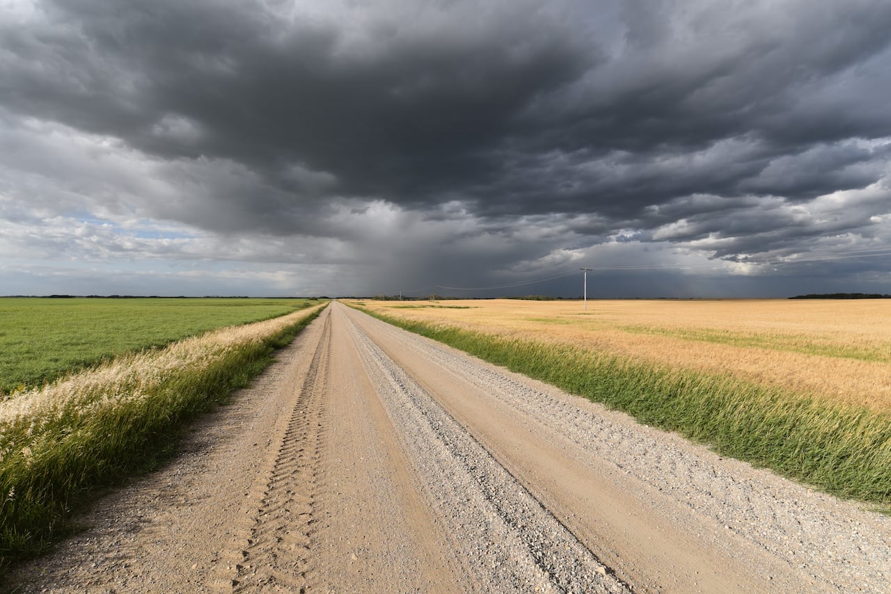 A dirt path cutting through a grassy field. A blue sky fades to storm clouds.