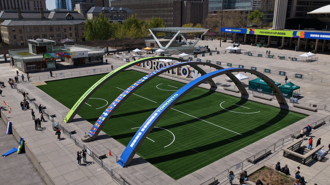Aerial (Drone) images of FIFA branding around Nathan Philips Square and on Toronto City Hall proper including very interesting window branding on the east tower. Also shots of the ice rink/pond turned into a soccer field, a few close-up shots of the