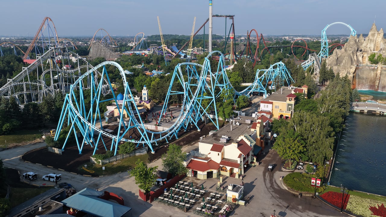 Aerial (drone) images of Canada's Wonderland amusement park in early morning, before gates open to the public. Operated by Six Flags Entertainment Corporation, the new AlpenFury rollercoaster is their newest attraction