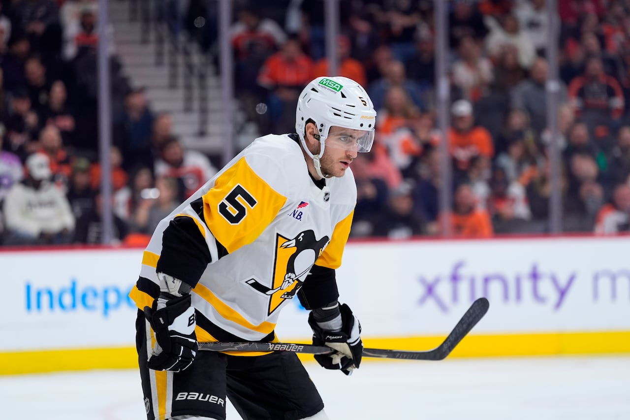 Pittsburgh Penguins' Ryan Shea plays during Game 6 in the first round of the NHL hockey Stanley Cup playoffs series Wednesday, April 29, 2026, in Philadelphia.