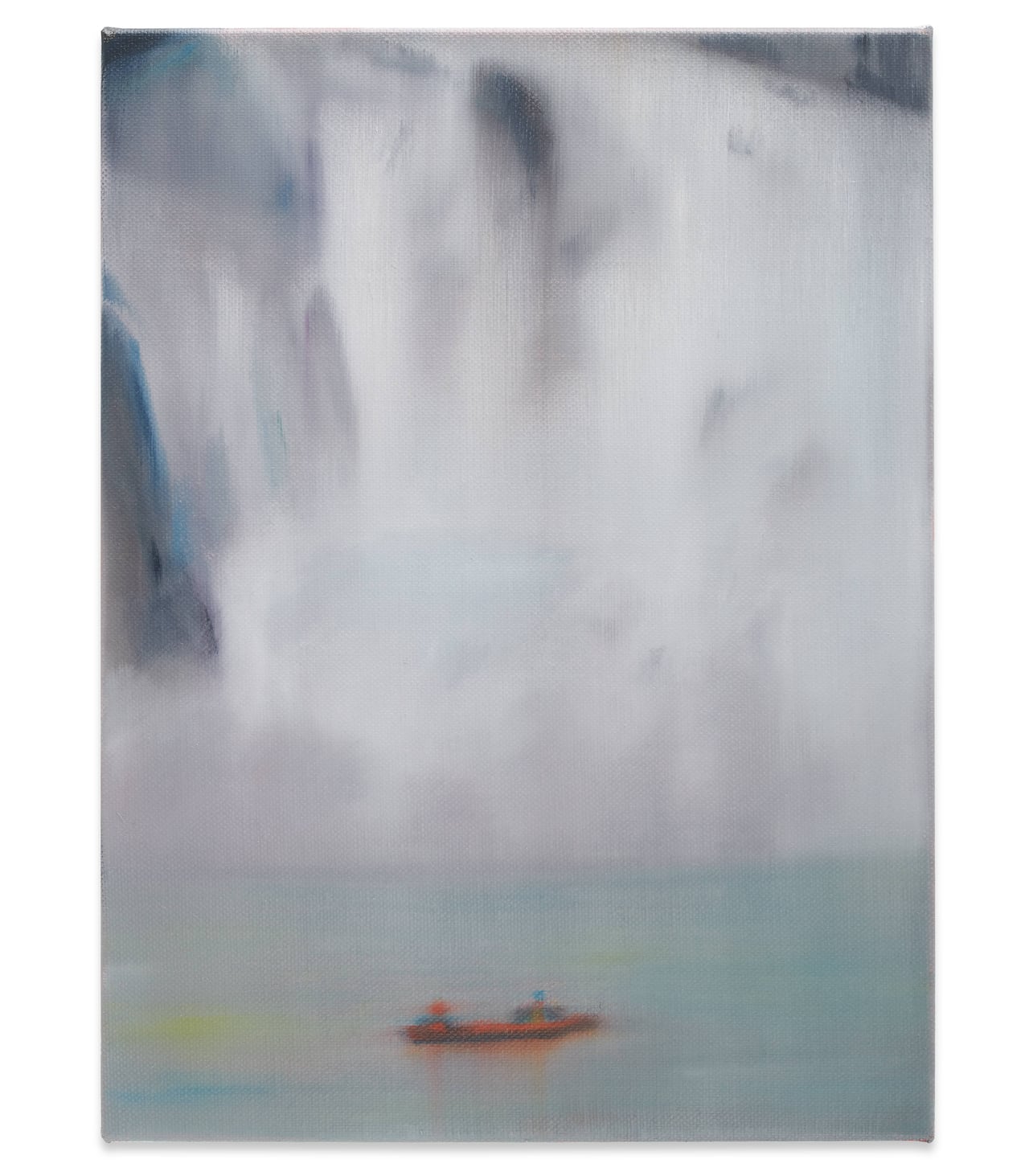 Hazy painting suggesting an abstracted waterfall landscape with a small orange boat in the water below.