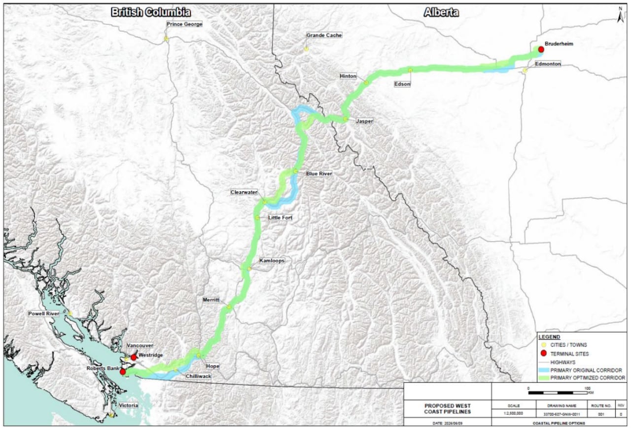 A map showing Alberta and British Columbia.
