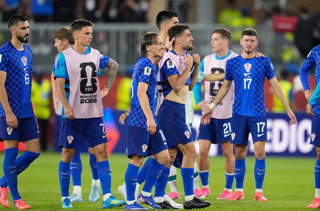 Croatia's Luka Modric (10) consoles Croatia's Mateo Kovacic (8) after a loss during the World Cup round of 32 soccer match between Portugal and Croatia in Toronto, Thursday, July 2, 2026.