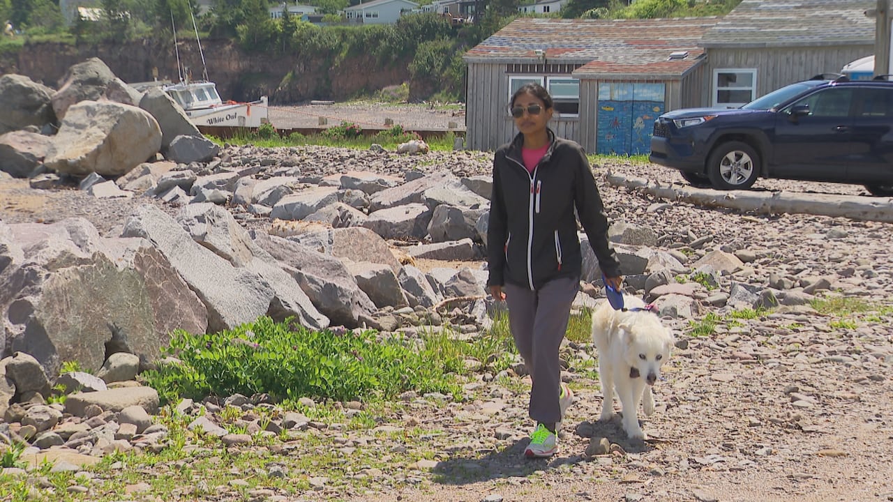 A woman walks along a rocky road with a white dog on a leash.