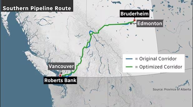 A map of Alberta and British Columbia shows a proposed southern pipeline route marked in green and blue.