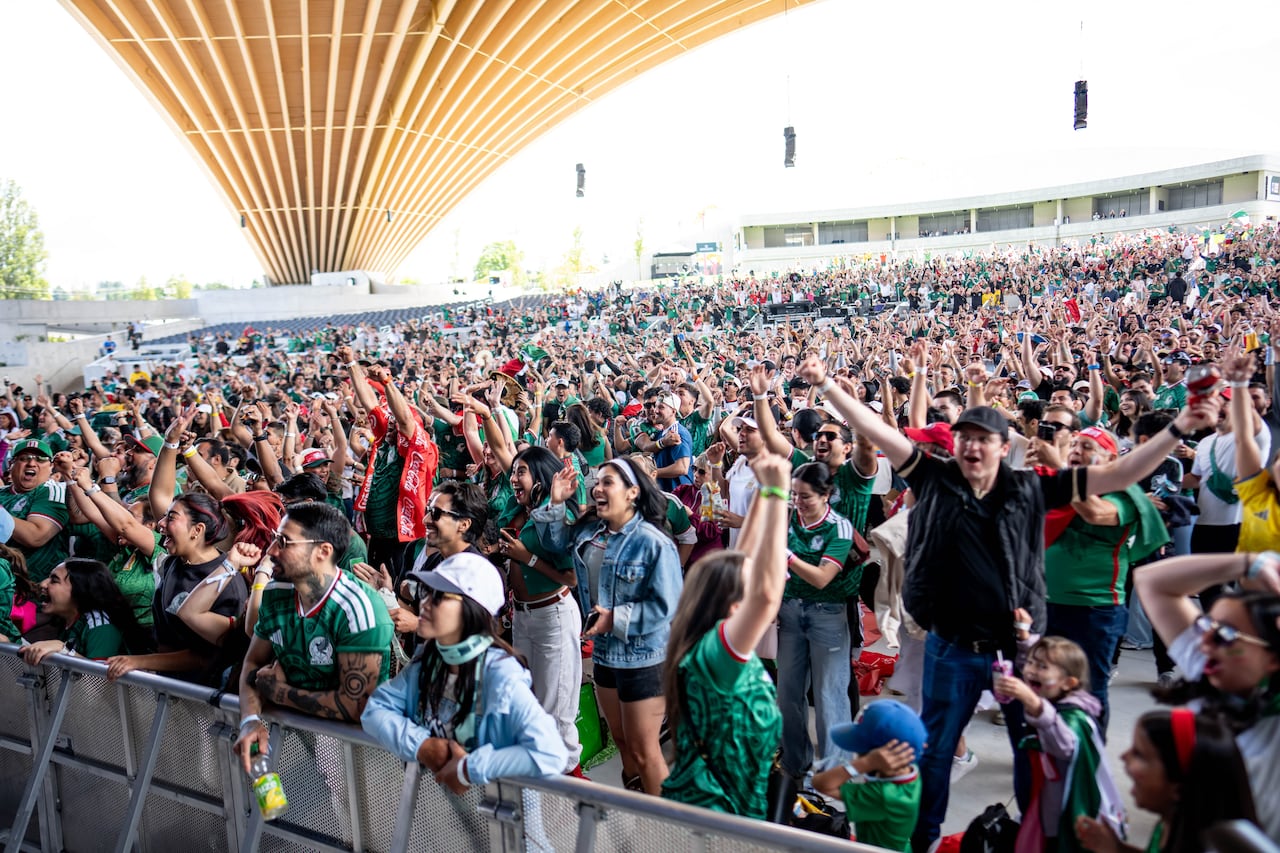 A group of people cheer with their arms up.