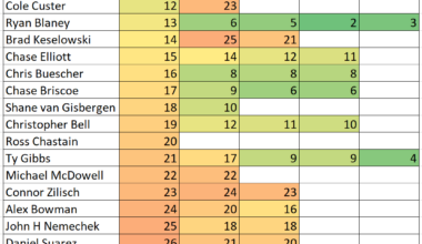 Chicagoland NASCAR Practice 5,10,15,20 and 25 Lap Averages Speed Cheat Sheet Heat Chart