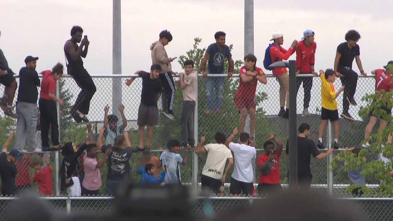 People climbing fences, standing on them at a park