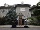 Prime Minister Mark Carney, with architect Moshe Safdie, board chair of the Rideau Hall Foundation Robert Prichard, and Minister of Government Transformation, Public Works and Procurement Joël Lightbound, takes part in a press conference at 24 Sussex in Ottawa June 25, 2026.