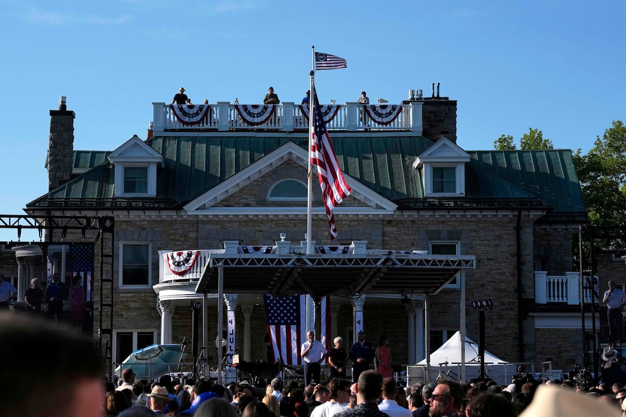 U.S. Ambassador to Canada Pete Hoekstra speaks on stage at an Independence Day party marking 250 years of U.S. independence, at Lornado, the official residence of the U.S. Ambassador to Canada,