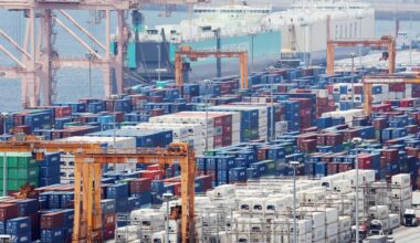 Containers are stacked at a port in Pyeongtaek, Gyeonggi Province, Wednesday. Yonhap