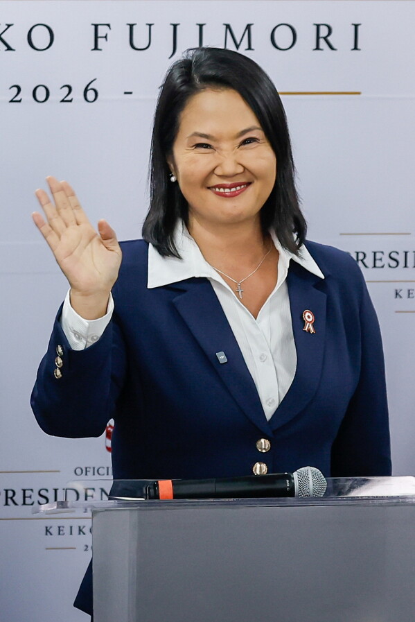 President-elect Keiko Fujimori speaks during a news conference after electoral authorities declared her the winner of the presidential runoff in Lima, Peru, Friday, July 3, 2026.. (AP Photo/Bruno Elias)