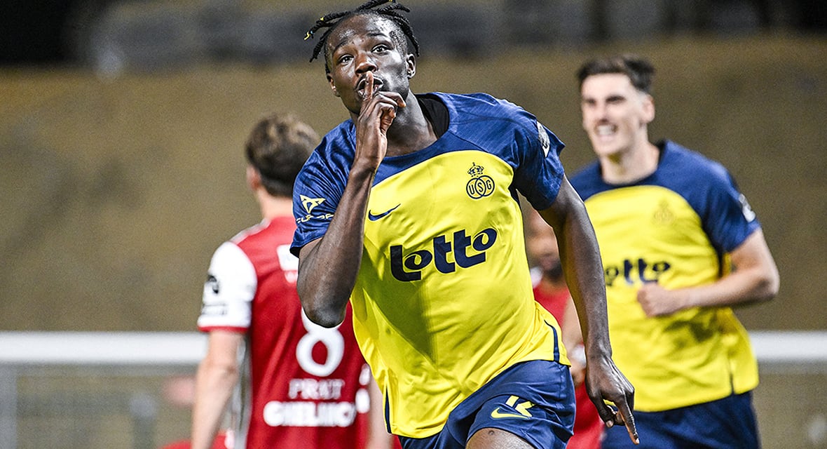 Union Saint-Gilloise soccer forward Promise David, who hails from Brampton, Ontario, celebrates after scoring his side's fourth goal during the Belgian Pro League playoff match against Royal Antwerp FC on May 17, 2025 in Belgium 