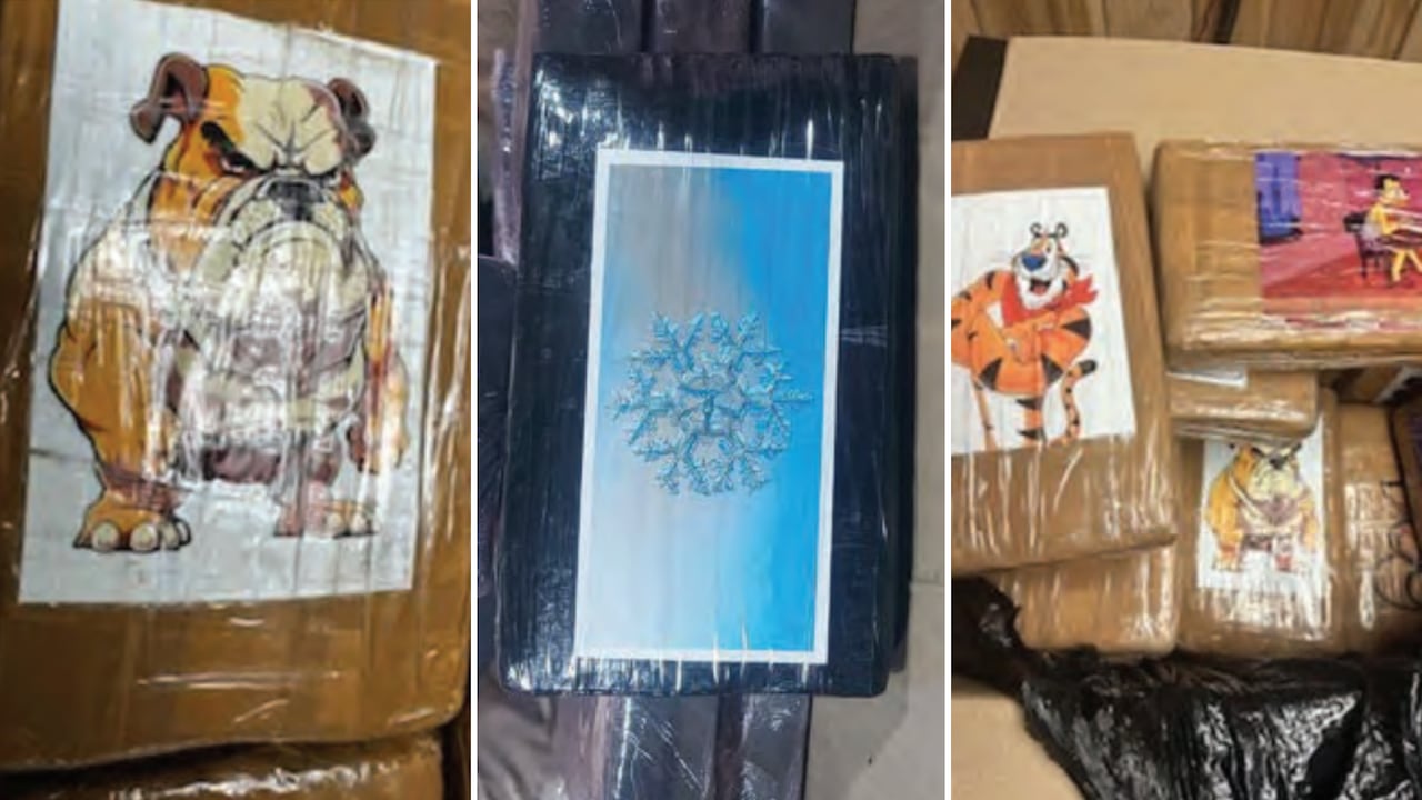 Brown packaging with images of cartoon characters and another package in a black bag with an image of a snowflake