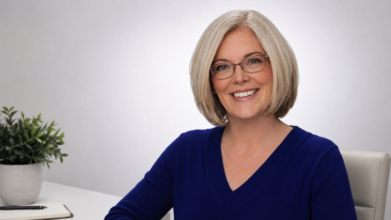 A woman with a blonde bob smiles at the camera while in a blue shirt while sitting at a desk