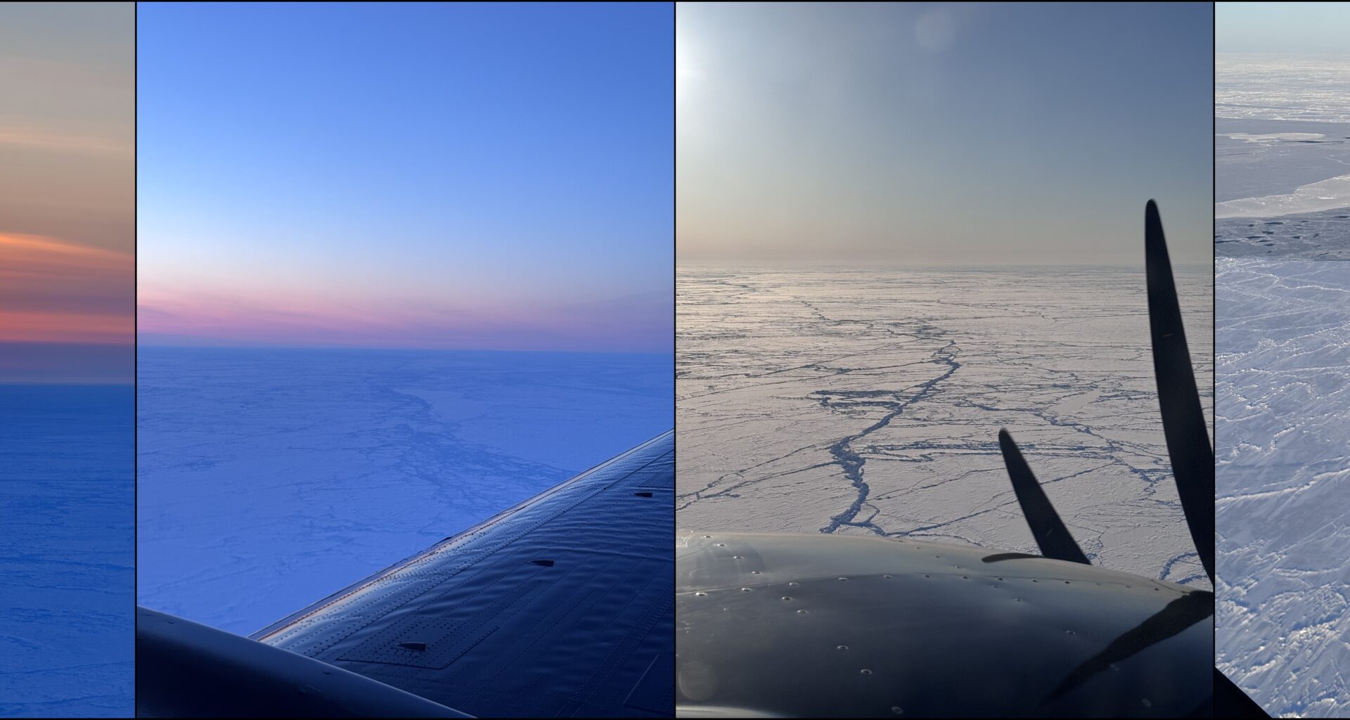 A collage of four vertical aerial photographs showing different views of sea ice. From left to right: 1) A vibrant orange and red sunset glowing just above the horizon over a vast expanse of dark blue, shadowed sea ice. 2) A view from an aircraft window showing a section of the plane's wing in the foreground, overlooking a sprawling plain of blue-tinted ice beneath a clear sky that fades to pink at the horizon. 3) A view looking past an airplane's dark engine cowling and propeller blade, showing bright white sea ice fractured by a network of dark, branching cracks under a bright, hazy sun. 4) A downward aerial view of heavily textured, bright white sea ice split by a wide, jagged, dark crack (a lead) exposing the open water beneath.