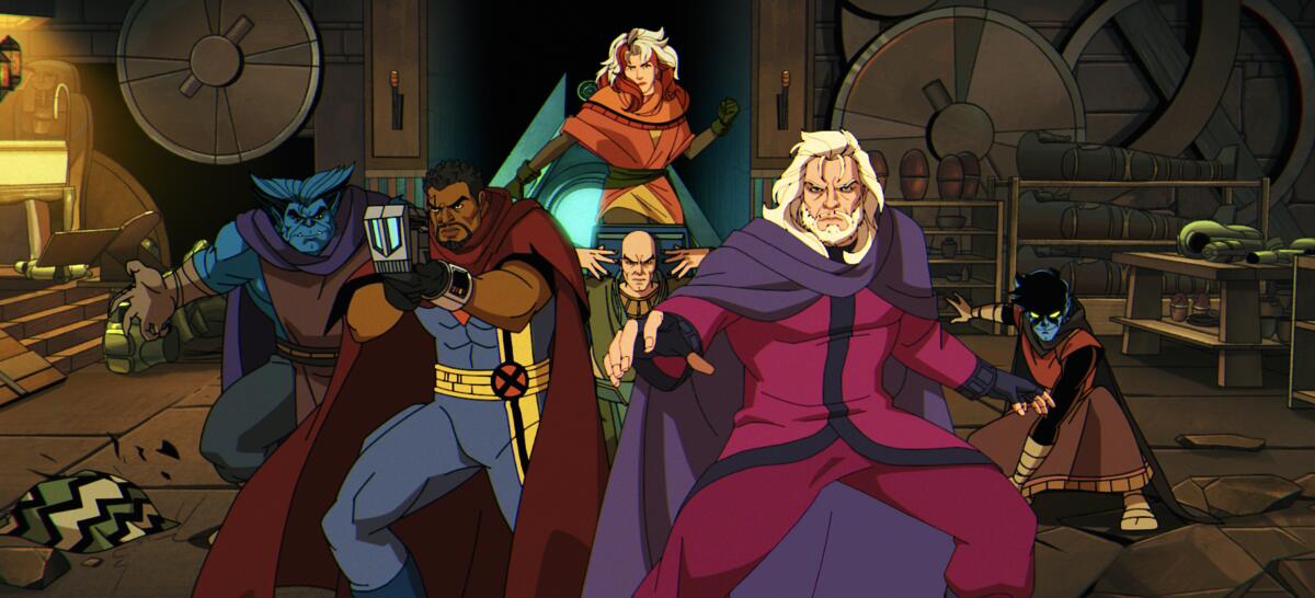 A cartoon rendering of six mutant superheroes standing together in a group in a workshop.
