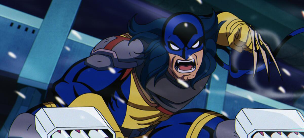 A cartoon image of Wolverine wearing a blue and yellow uniform with his claws displayed and arm pulled back.