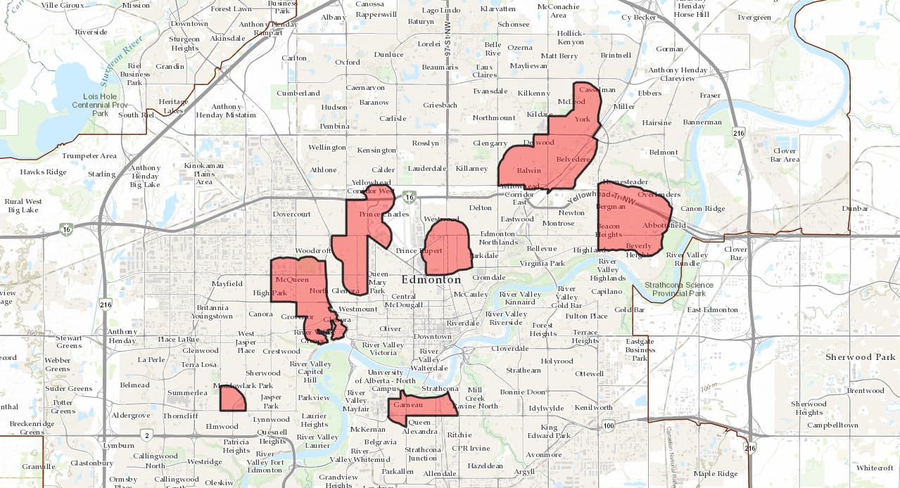 a map of Edmonton with red on it signalling power outages