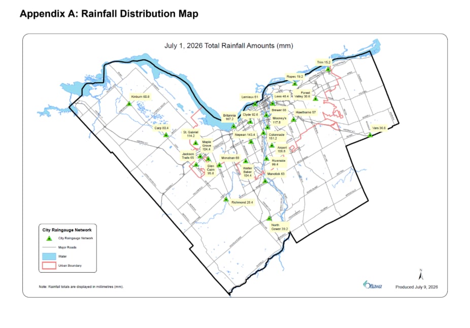 A map of a city listing different rainfall levels.