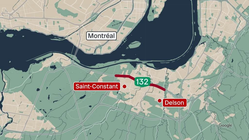 A map shows a stretch of highway highlighted between Saint-Constant and Delson,