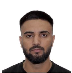 A mugshot of a man with dark, short hair wearing a black T-shirt.