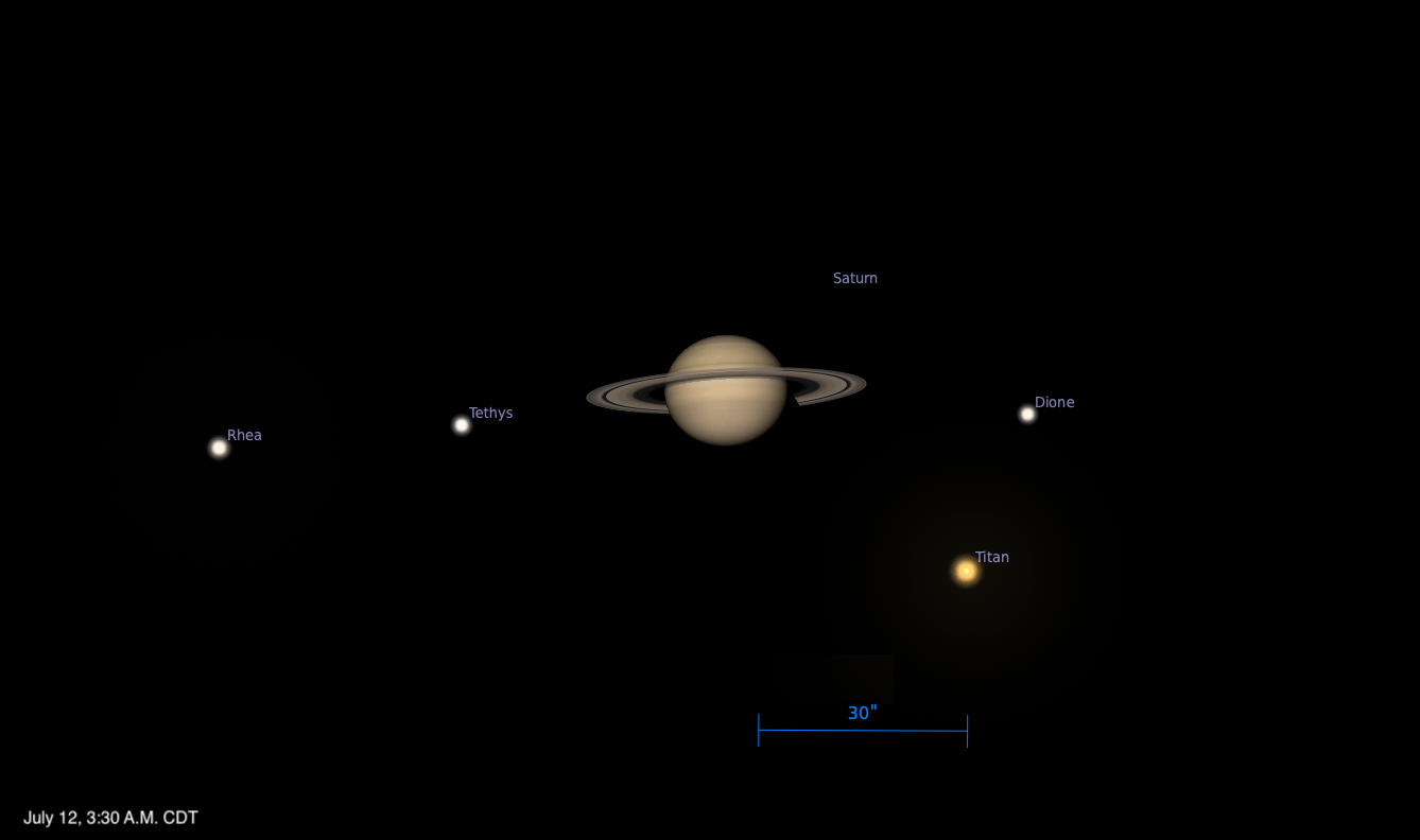 Telescopic simulation of Saturn and its moons on July 12, 2026 at 3:30 AM CDT. Saturn with its rings is centered, with moons Tethys and Rhea to the left, Dione to the right, and Titan below. A 30-arcsecond scale bar appears at the bottom center.