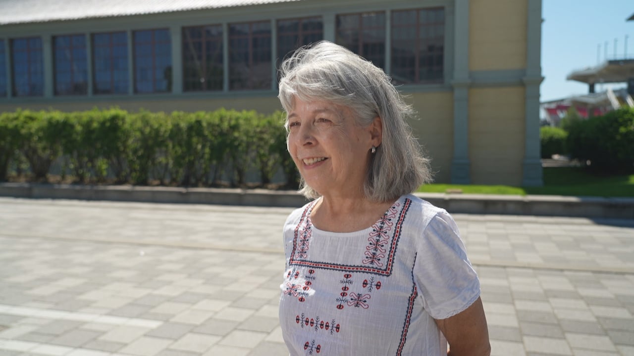 A woman with white hair