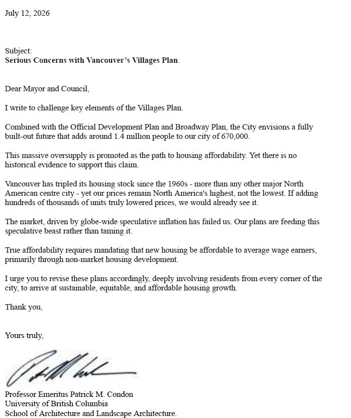 Patrick Condon: Serious Concerns with Vancouver’s Villages Plan (Public Hearing July 14)