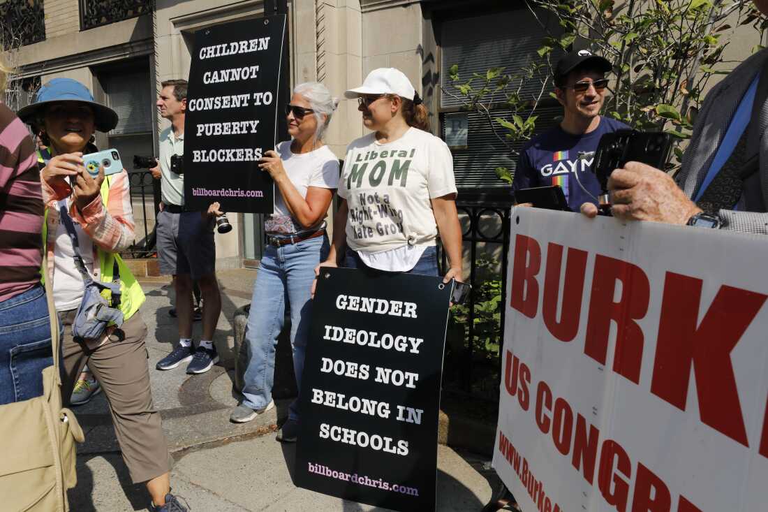 Protesters hold sigs that say, "Children cannot consent to puberty blockers" and "Gender ideology does not belong in schools."