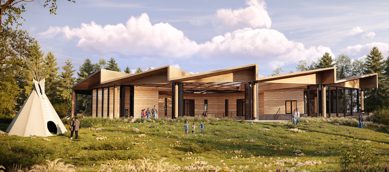 A rendering of a wooden structure with a modern design surrounded by grass and trees.