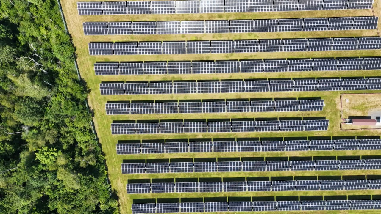 A birds of view of hundreds of solar panels.