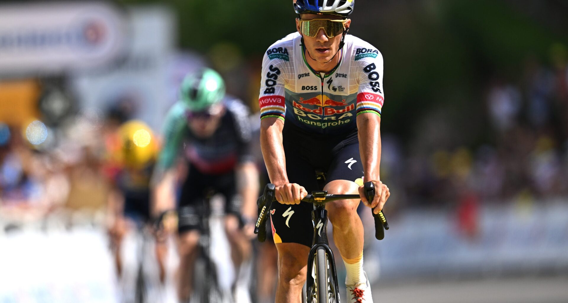 GAVARNIE-GEDRE, FRANCE - JULY 09: Remco Evenepoel of Belgium and Team Red Bull - BORA - hansgrohe crosses the finish line during the 113th Tour de France 2026, Stage 6 a 186.2km stage from Pau to Gavarnie-Gedre 1379m / #UCIWT / on July 09, 2026 in Gavarnie-Gedre, France. (Photo by Tim de Waele/Getty Images)