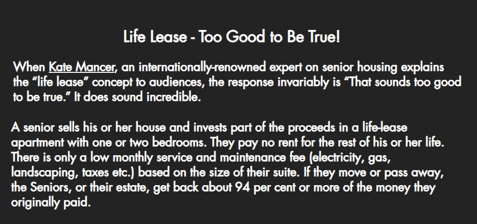 Website text saying life lease concept is too good to be true, according to someone named Kate Mancer.