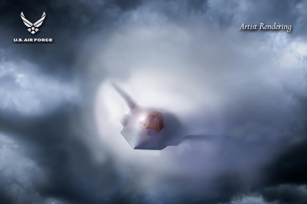 A graphic artist rendering of the American's "Next Generation Air Dominance Platform" released by the U.S Air Force. The rendering shows the plan to build the sixth generation of fighter jet: the F-47.
