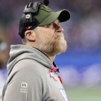 Nov 9, 2024; Winnipeg, Manitoba, CAN; Winnipeg Blue Bombers head coach Mike O'Shea watches the play during the first half of the game between the Winnipeg Blue Bombers and the Saskatchewan Roughriders at Princess Auto Stadium.