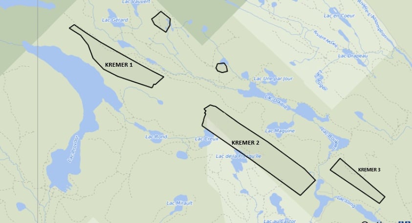 Topographical map with 3 rectangular black shapes indicating where exploratory drilling is underway about