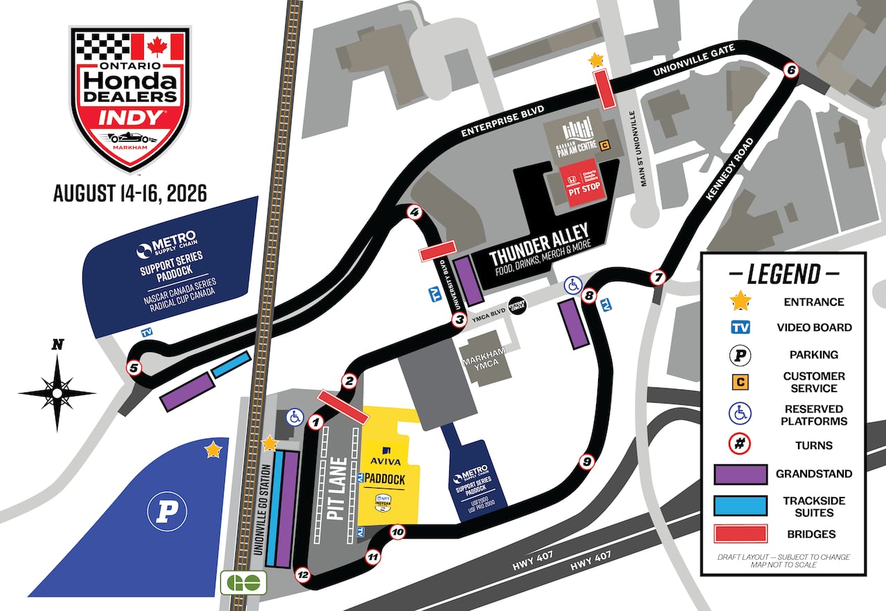 A map of the Ontario Honda Dealers Indy at Markham track.