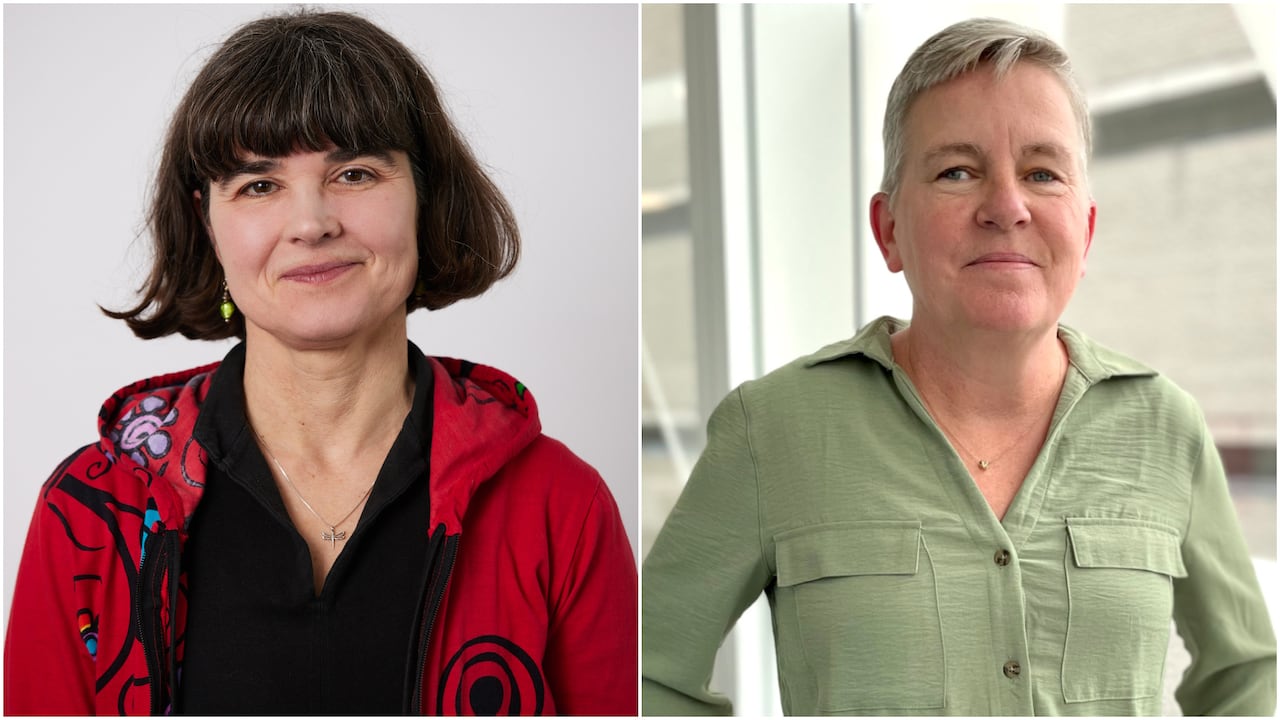 At left, a smiling woman with short brown hair wearing a red zip-up hoodie and, at right, a smiling woman with short silver hair in a green shirt.