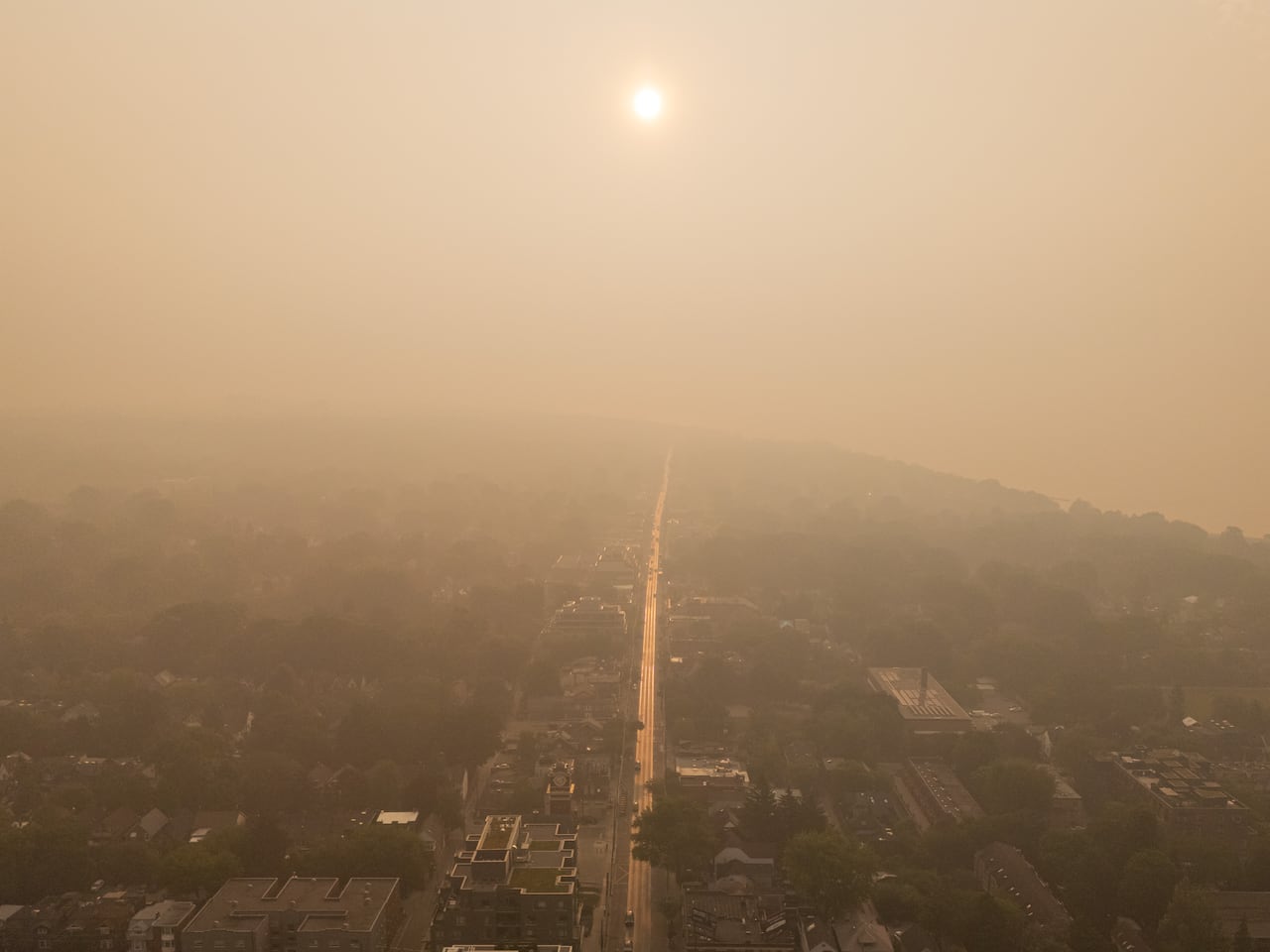 Aerial view of hazy skies in Toronto